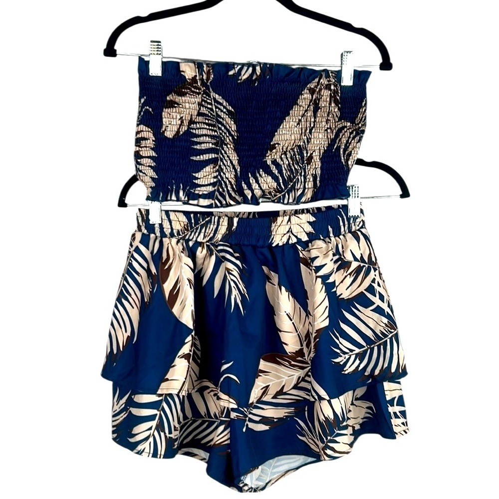 SHEIN‎ Navy Tan Brown 2 Pc. Top & Skort Layered Ruffle Crop Top Size Medium